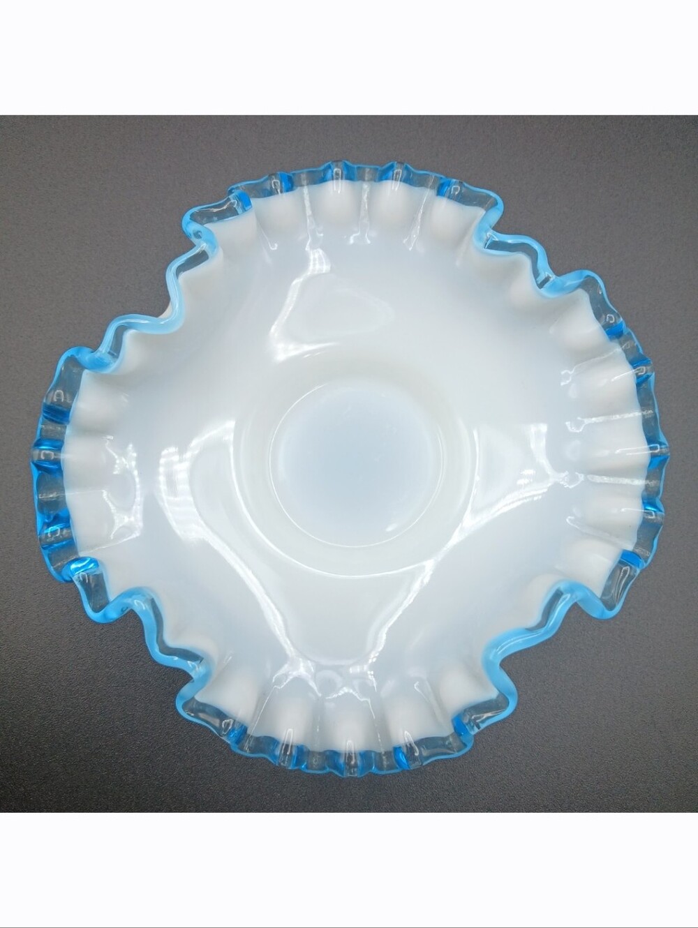 Fenton White Milk Glass 6" Blue Crest Crimped Ruffled Candy Dish Bon Bon Bowl